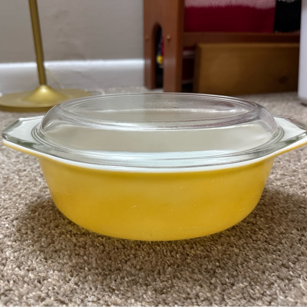 Vintage yellow PYREX casserole dish with lid